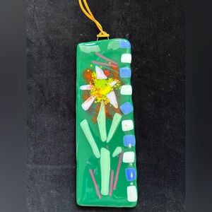 "GardenBloom“ Fused Art Glass  Hanging Plaque Green 9.5”x3.5”Floral Design